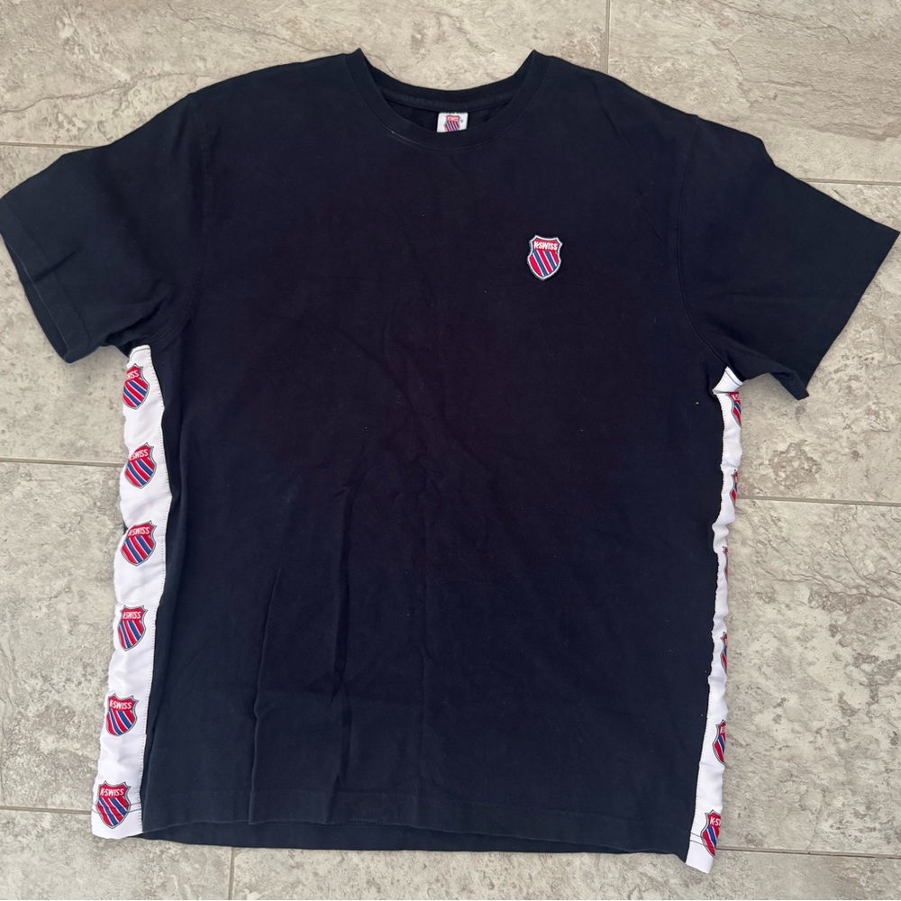 Vintage K-Swiss Men's Navy Blue Y2K Short Sleeve Logo Crest T-Shirt Size L